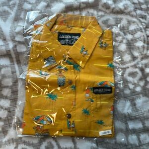 Hawaiian shirt, golden rod, brewing, brand new, and package says lady medium